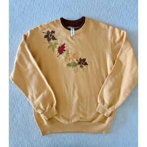 Vintage Decorated Originals Fall Leaves Embroidered Sweatshirt Gold Yellow Small